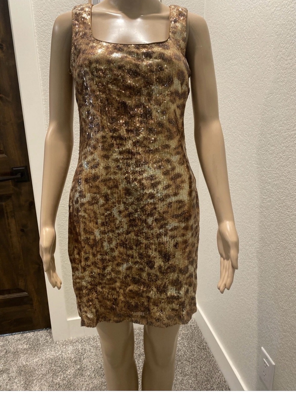 Cache  Size 2 Brown Sequin Animal-Print  Open Back Mini Dress